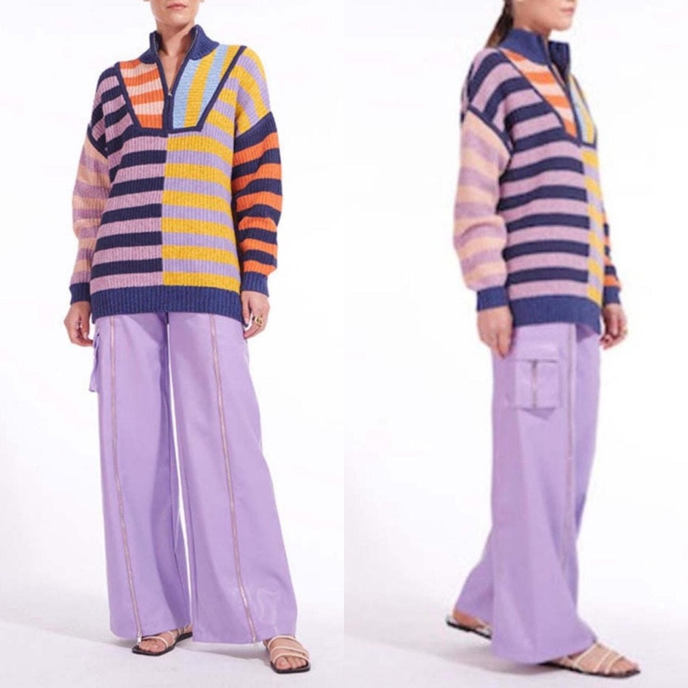 Staud Hampton oversized half-zip sweater in acid rainbow stripe